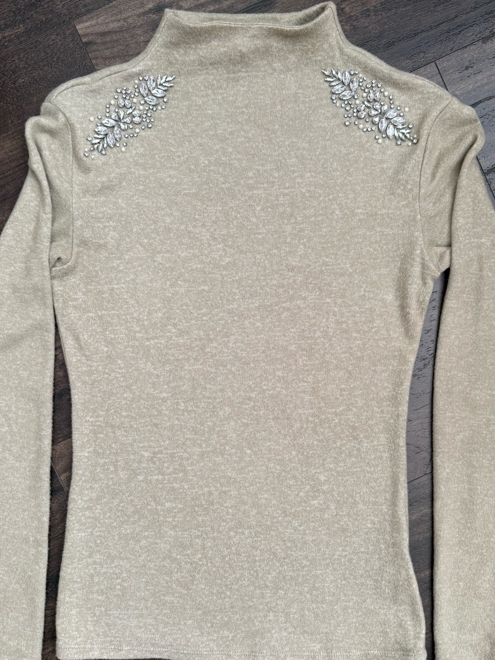 Express Embellished Mock Neck Sweater XS Rhinestone Pearl Beige Knit Holiday Chi